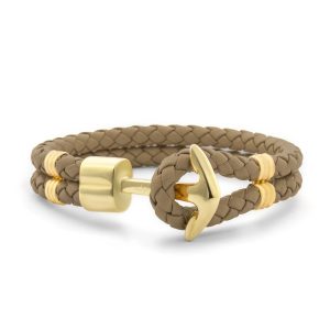 Hooked Armband Gold Anchor Braided Leather Taupe