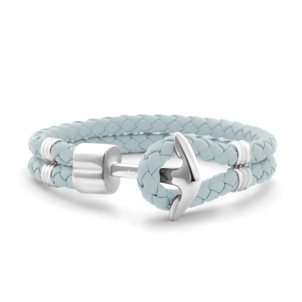 Hooked Armband Silver Anchor Braided Leather Blauw