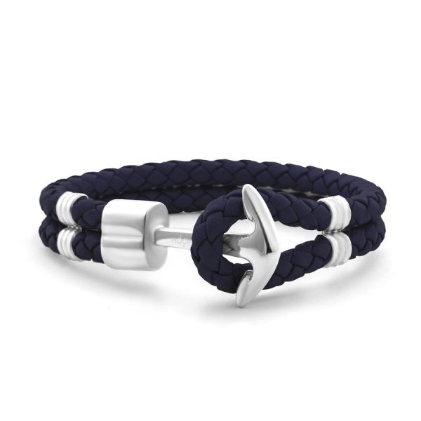 Hooked Armband Navy Blue Braided Leather Zilver