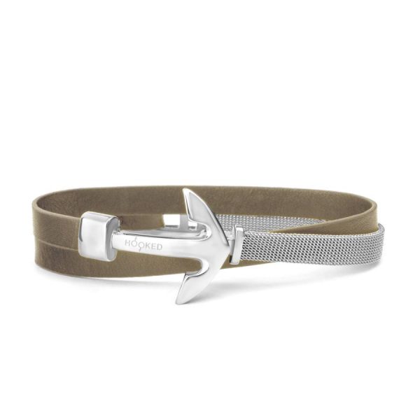 Hooked Armband Silver Anchor leather mesh combo