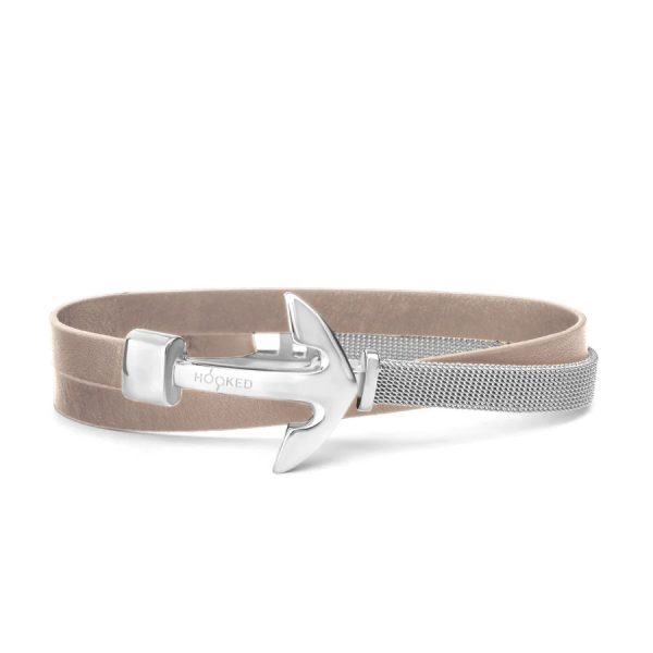 Hooked Armband Silver Anchor leather mesh combo