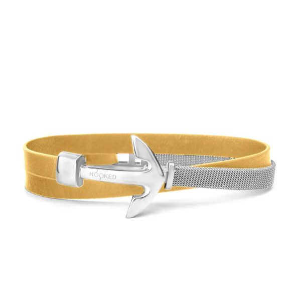 Hooked Armband Funky Yellow Leather Mesh Combo Zilver